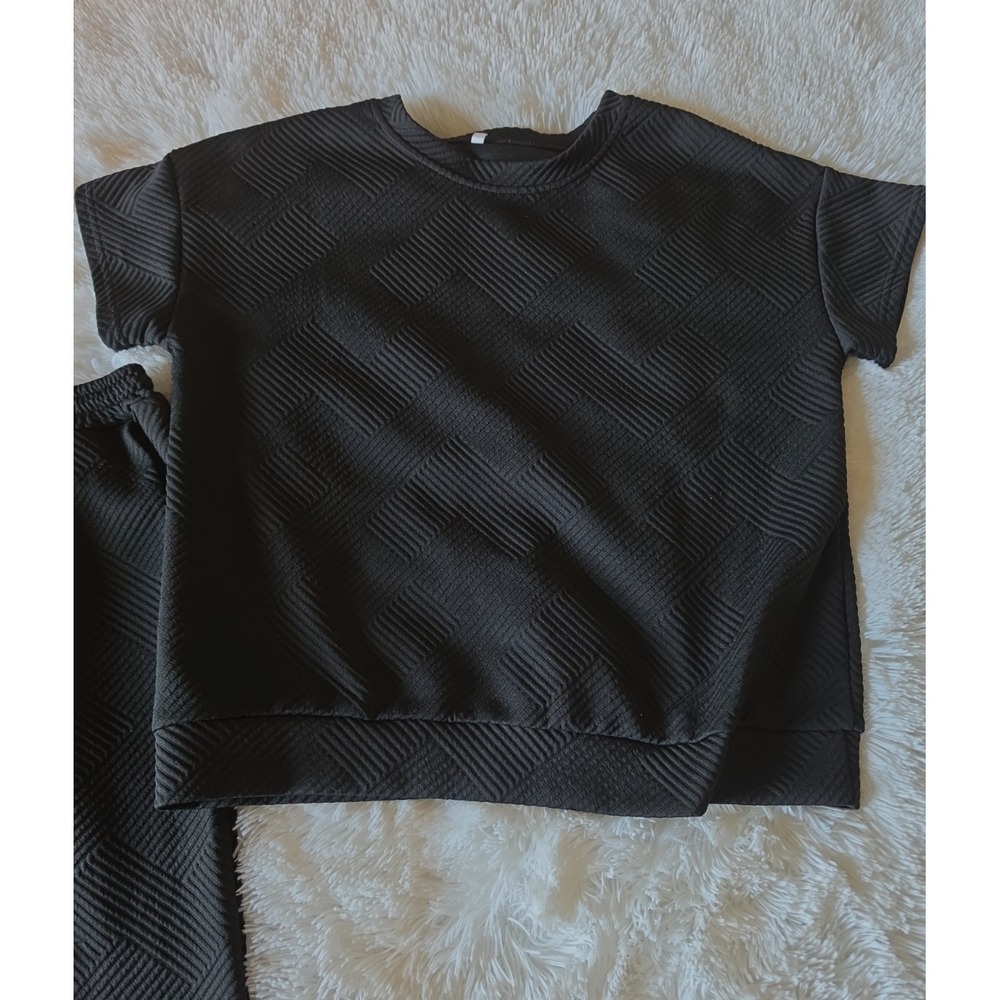 Textured Quilted Short-Sleeve Top and Matching Wide-Leg Pants -S - Picture 6 of 10